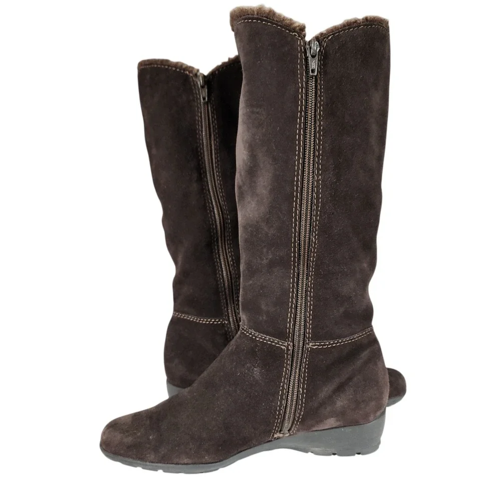 Bandolino Knee High Boot 7M Women Yoelia Brown Suede Faux Fur Lined‎ Wedge 15